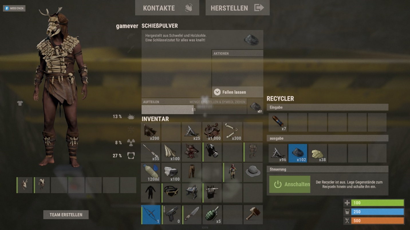 Falls du keine geeignete Waffe hast, kannst du Schießpulver erhalten, indem du Granaten und Kugeln recycelst.