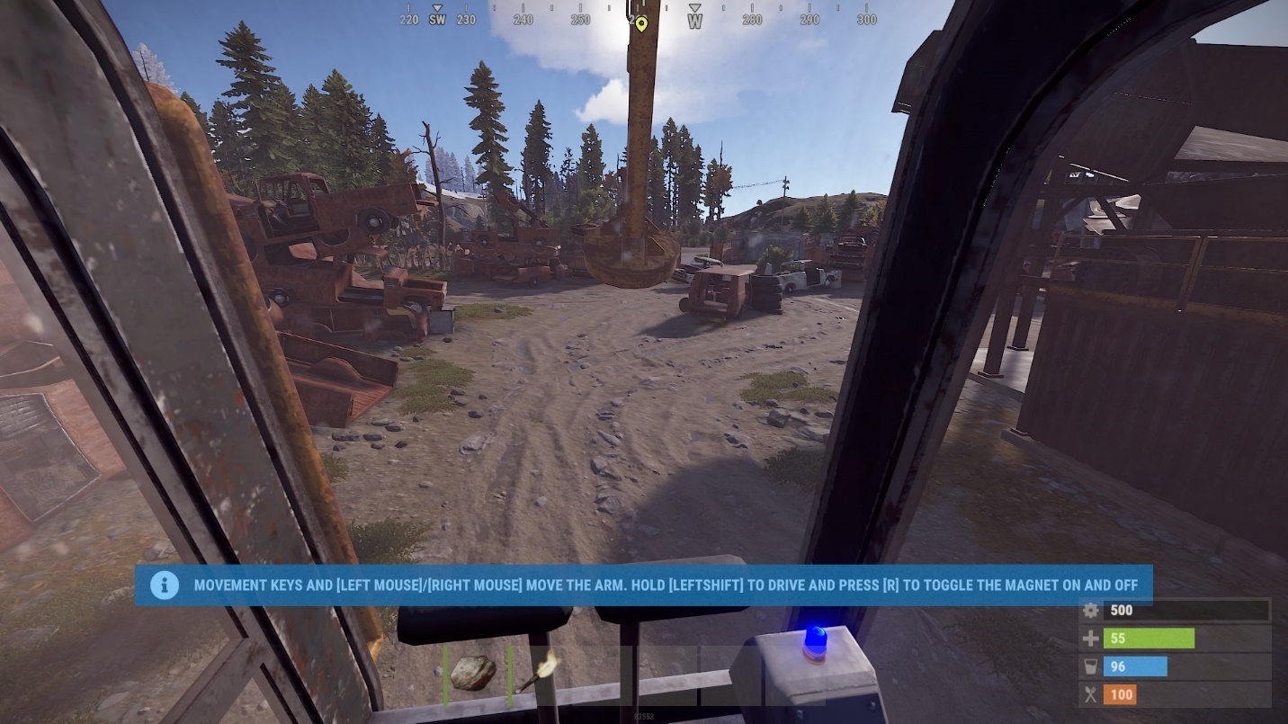 Mit den Tasten WASD und Shift übernehmen Sie die Kontrolle über den Magnetkran in Rust.