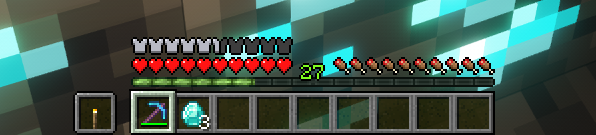 Player hud with 27 level pickaxe torch and 3 diamonds