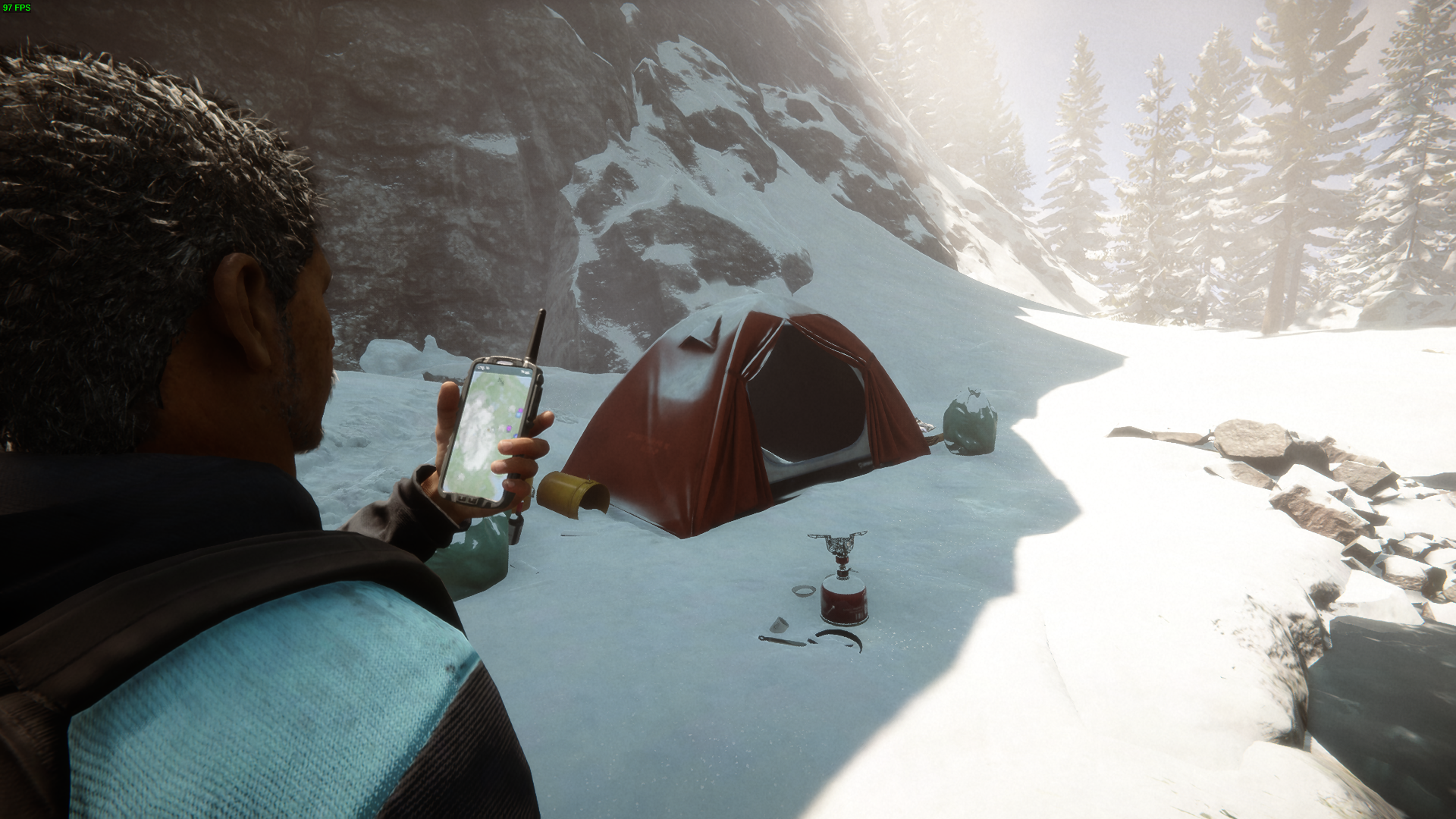 Explore weather-worn tents near the frozen lake.