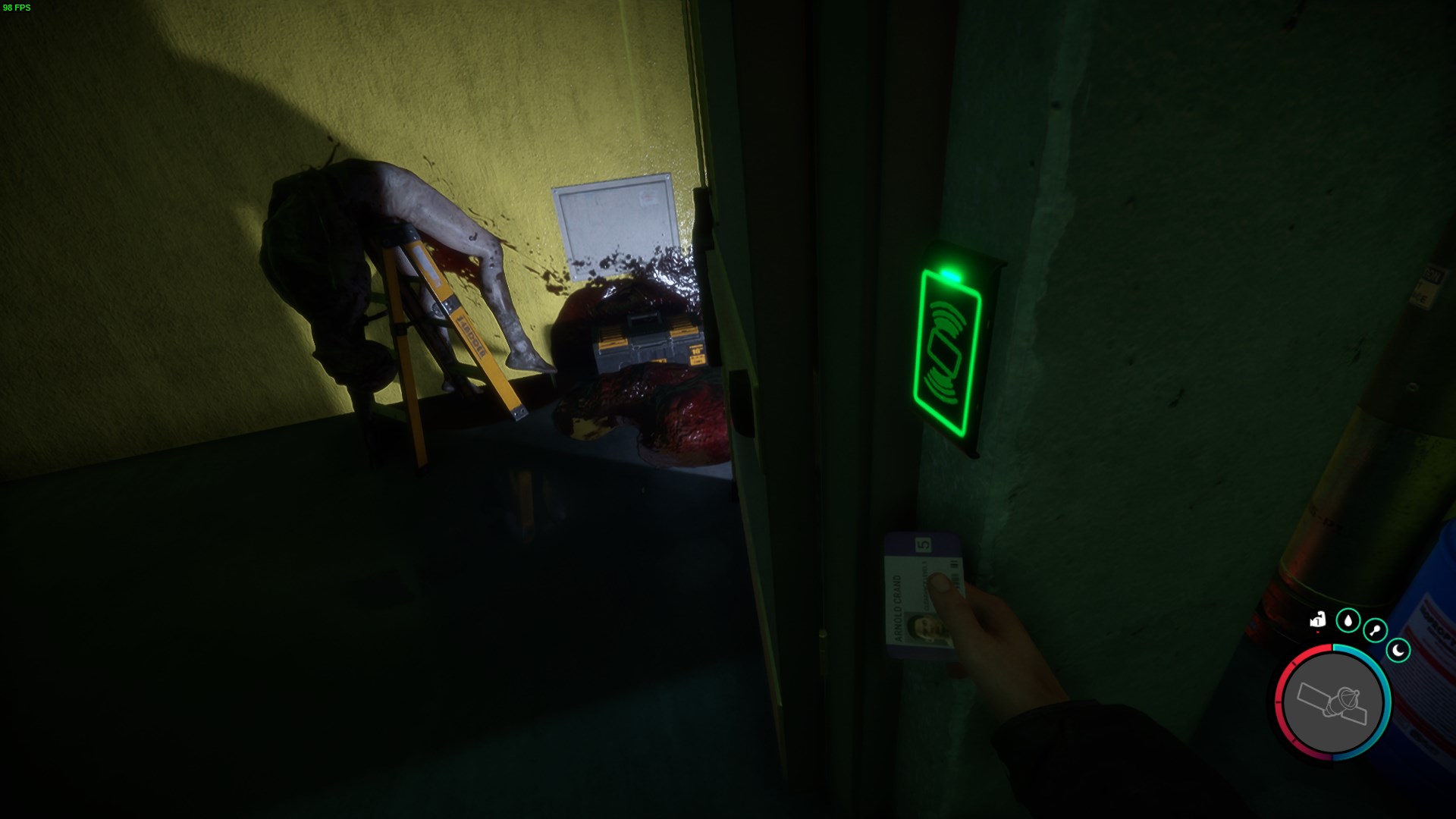 Descend into the bunker and use the Keycard.