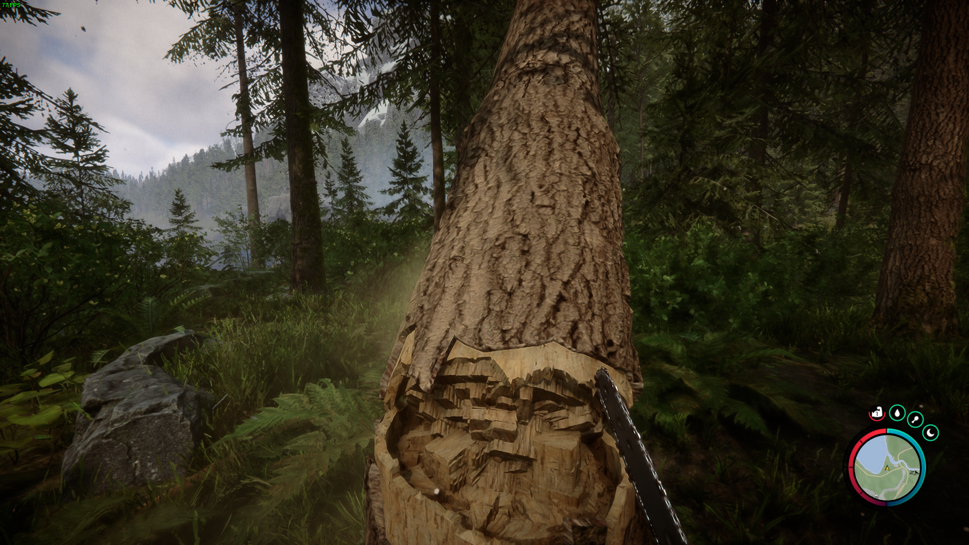 Utilize the chainsaw's tree-cutting prowess to expedite resource gathering.