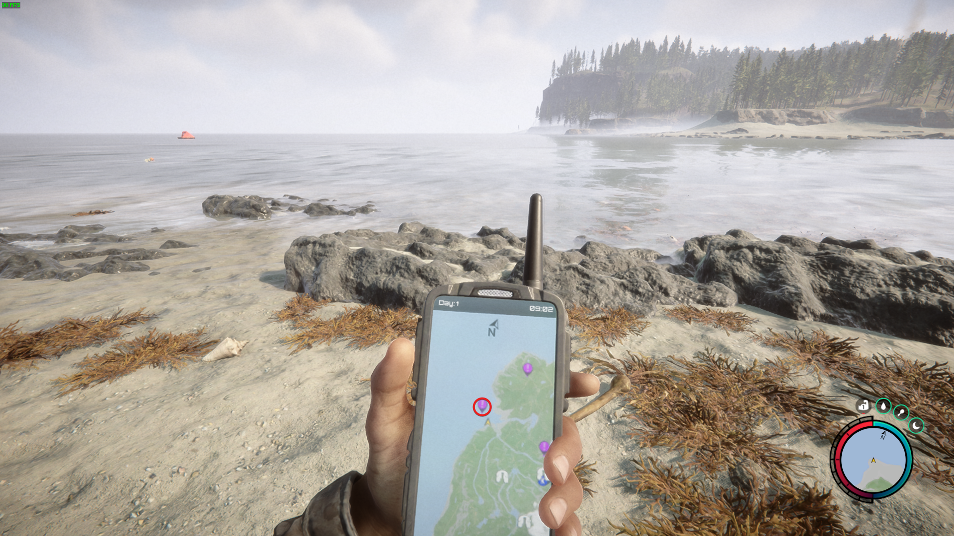 Venture to the northwestern coastline marked by a purple GPS locator.