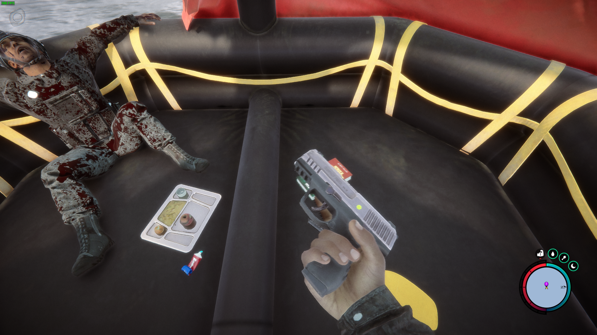 Swim to the dinghy and discover the Pistol waiting by your feet.
