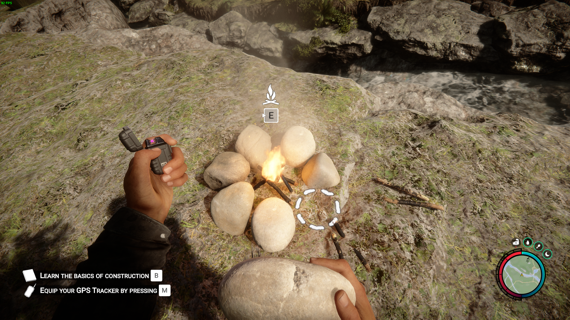 Collecting sturdy rocks to build a protective barrier around the burgeoning flames.