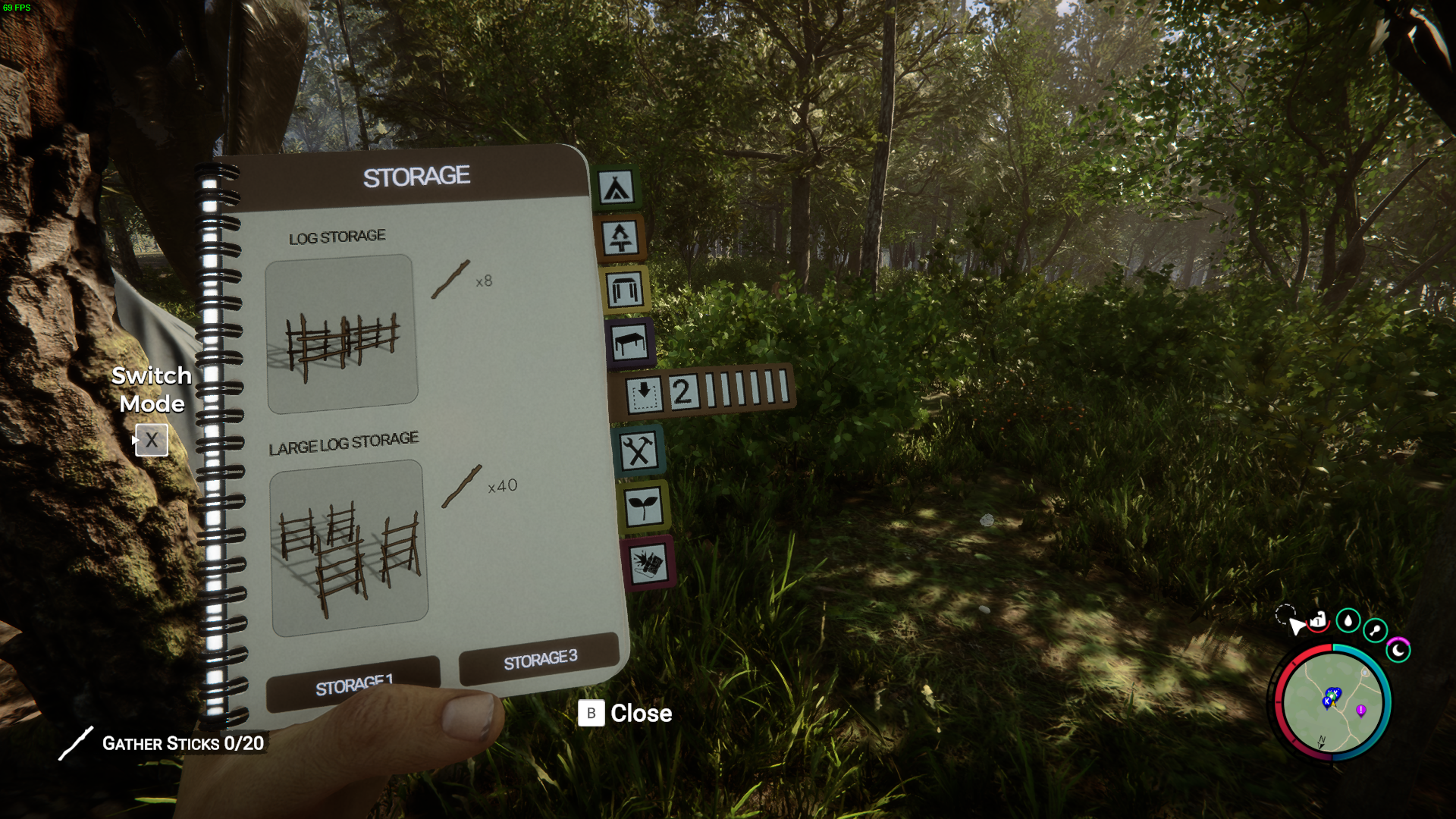 Players can build storage racks to store excess items like sticks, rocks, and bones.