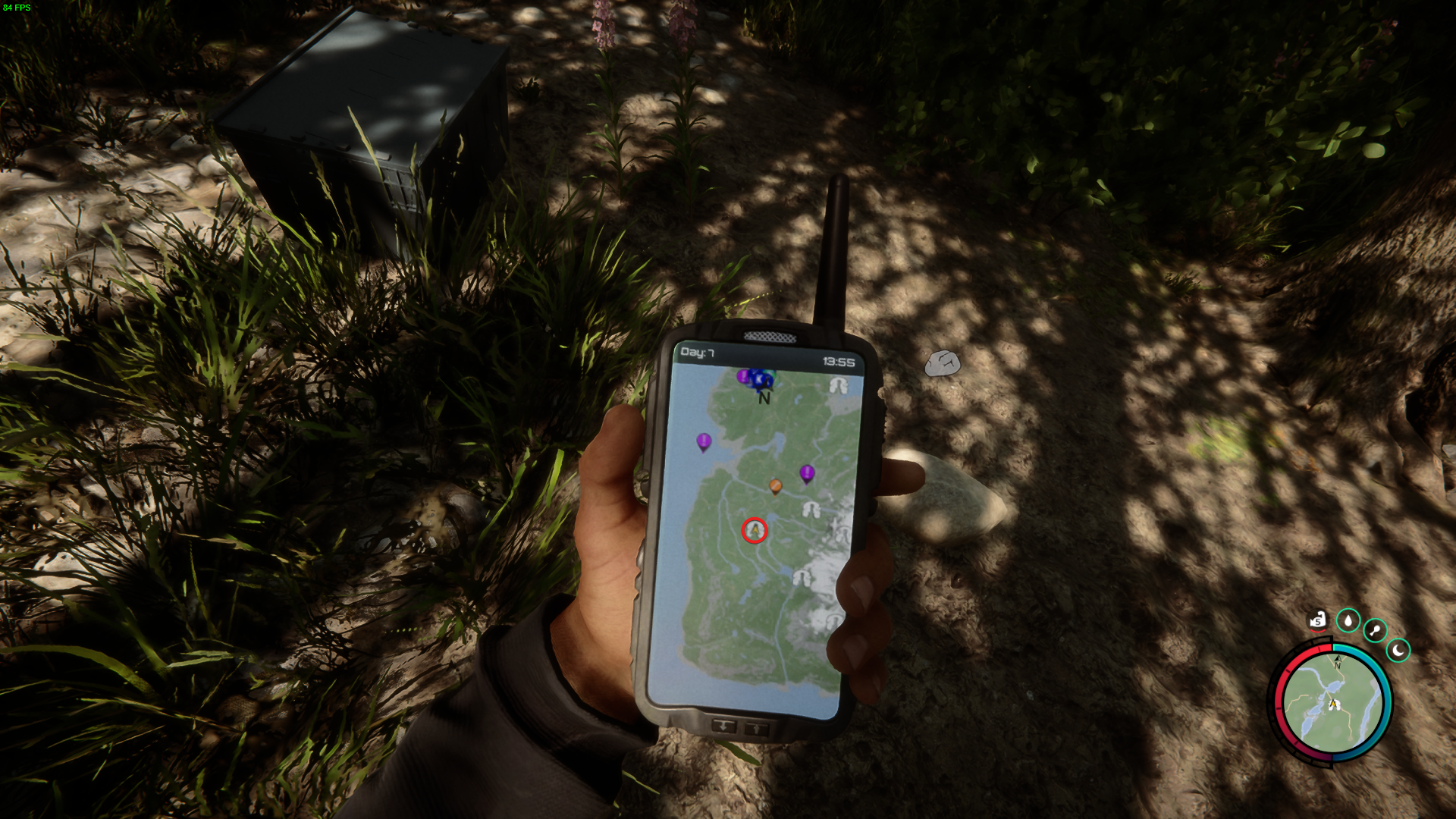 Using the map as a guide, the explorer navigates towards the cave entrance.