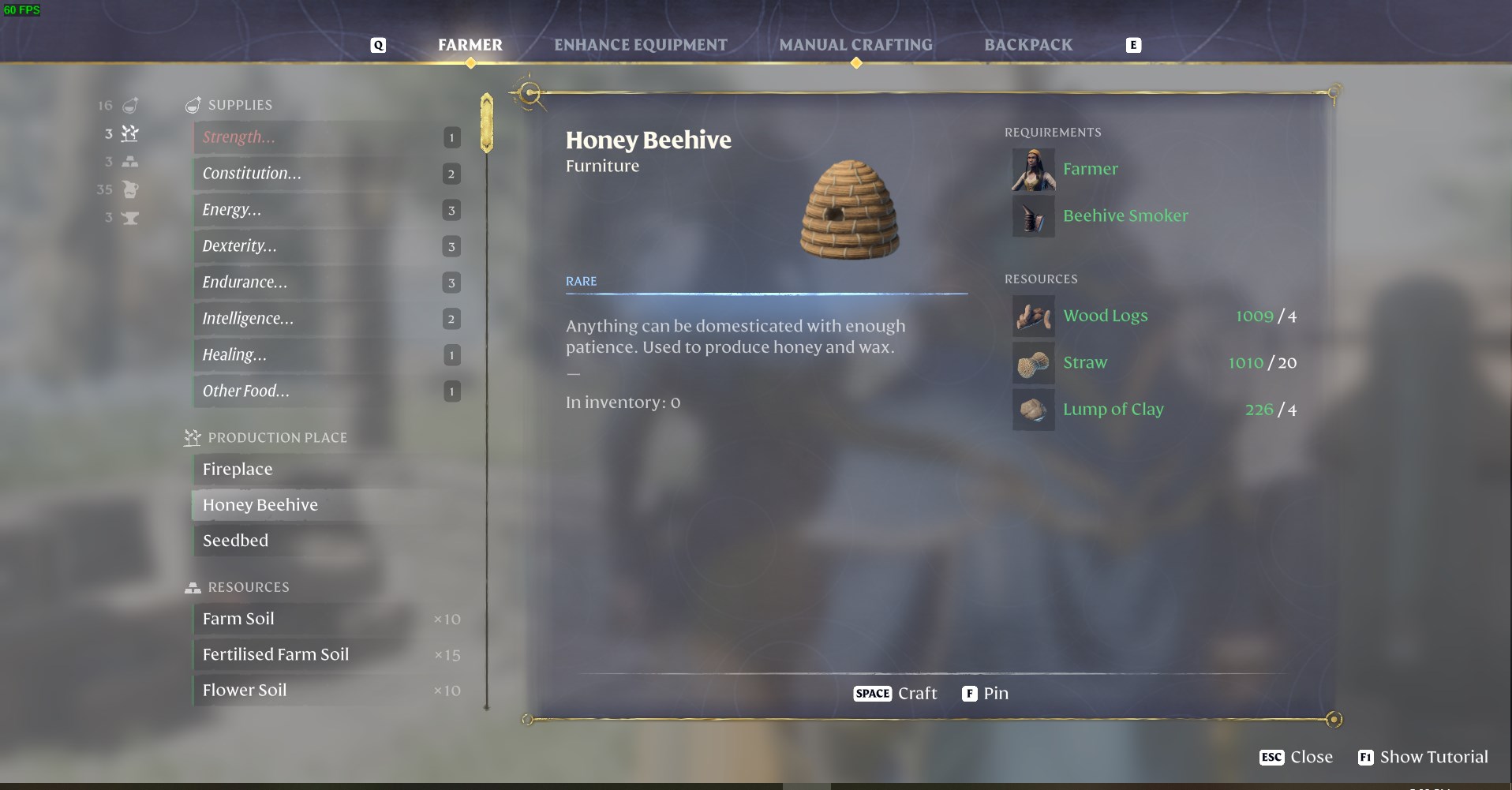 Unlock the Farmer survivor to produce honey at your base using crafted beehives.