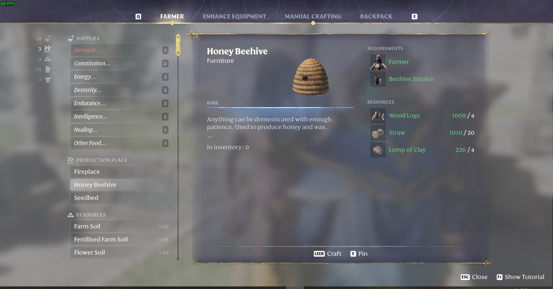 Unlock the Farmer survivor to produce wax at your base using crafted beehives.