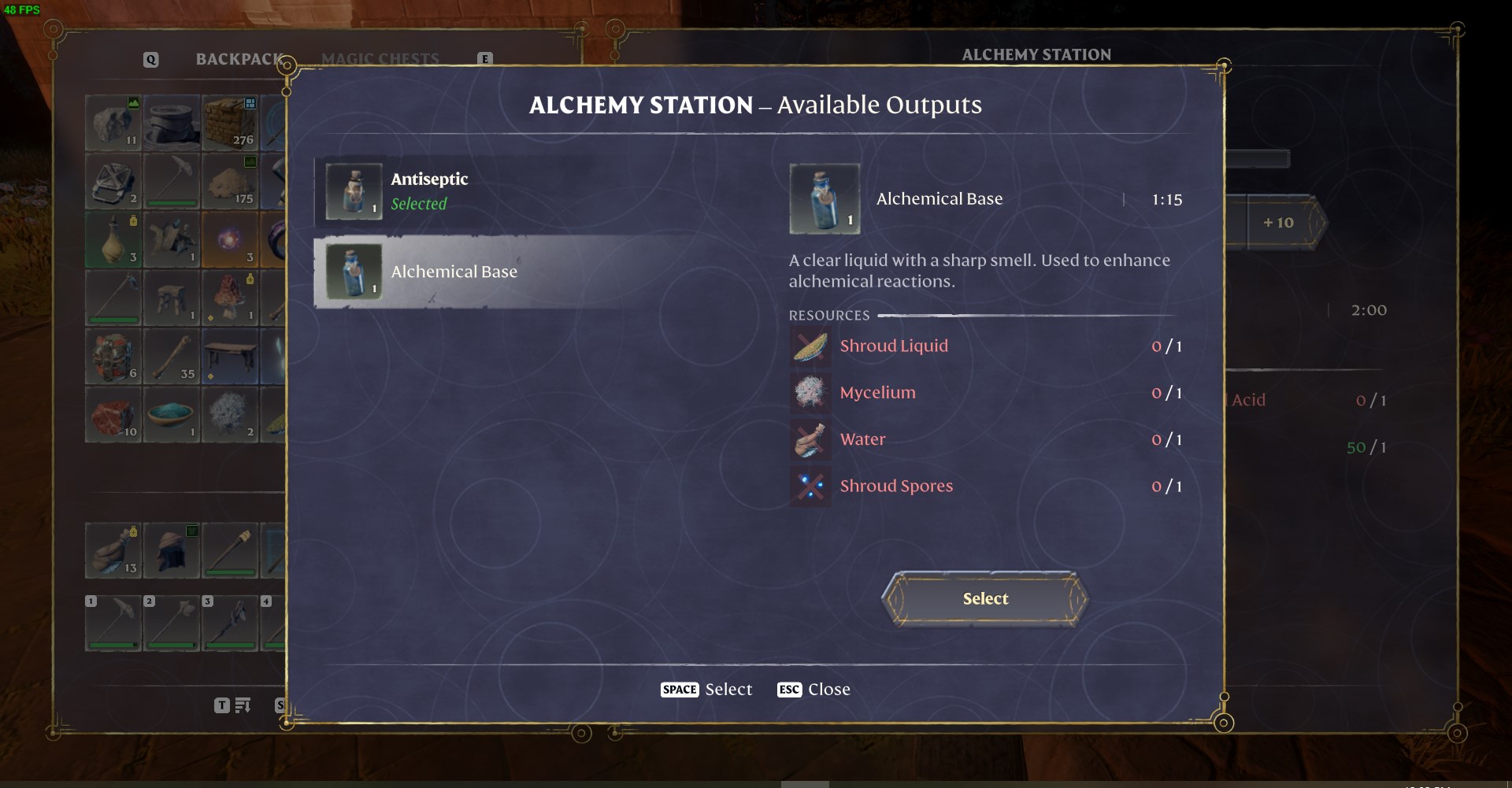 Combine Shroud Liquid, Mycelium, Water, and Shroud Spores to craft Alchemical Bases.