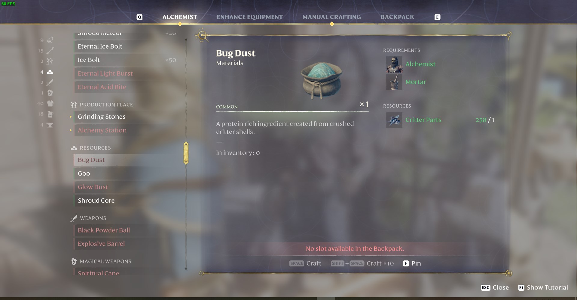 Crush Critter Parts using the Alchemist's Mortar to create Bug Dust.