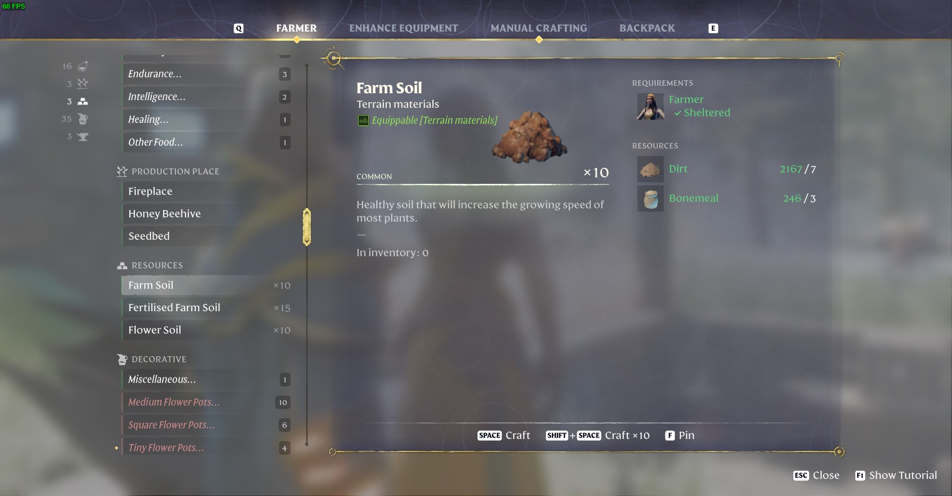 Seek out The Farmer, to create Farming Soil by combining Bonemeal with Dirt.