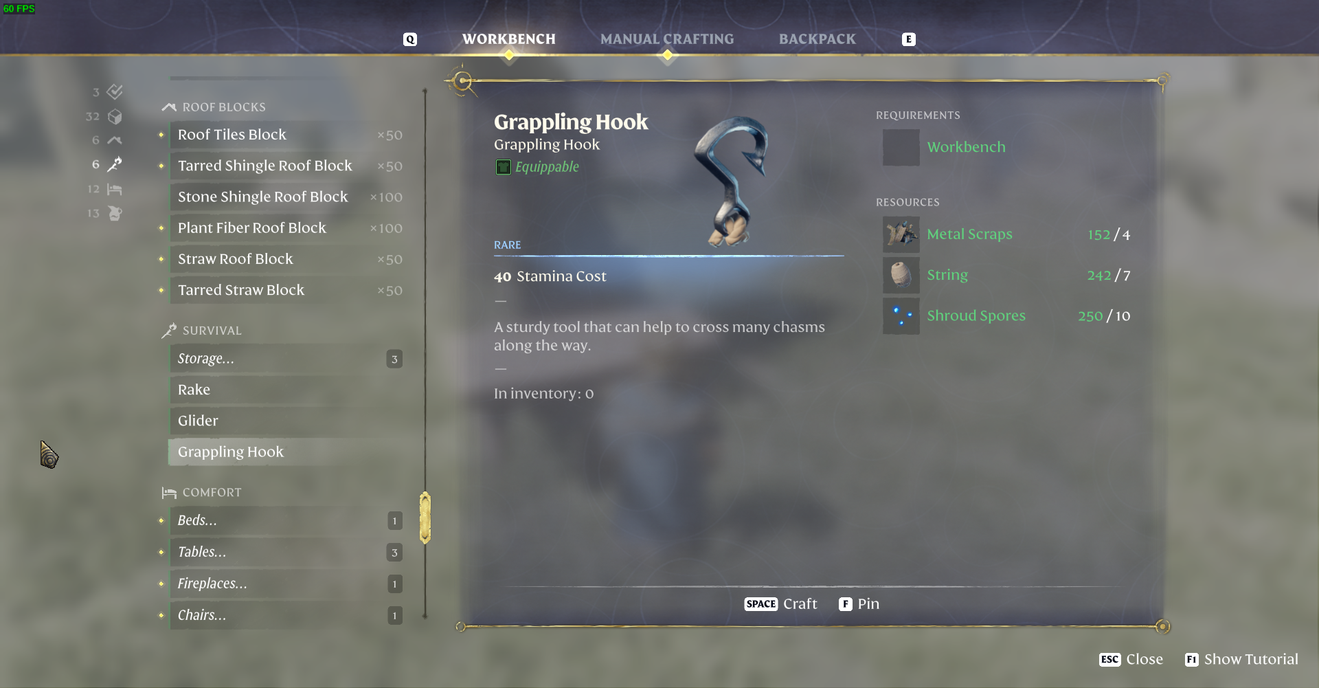 Combine metal scraps, string, and shroud spores at your workbench.