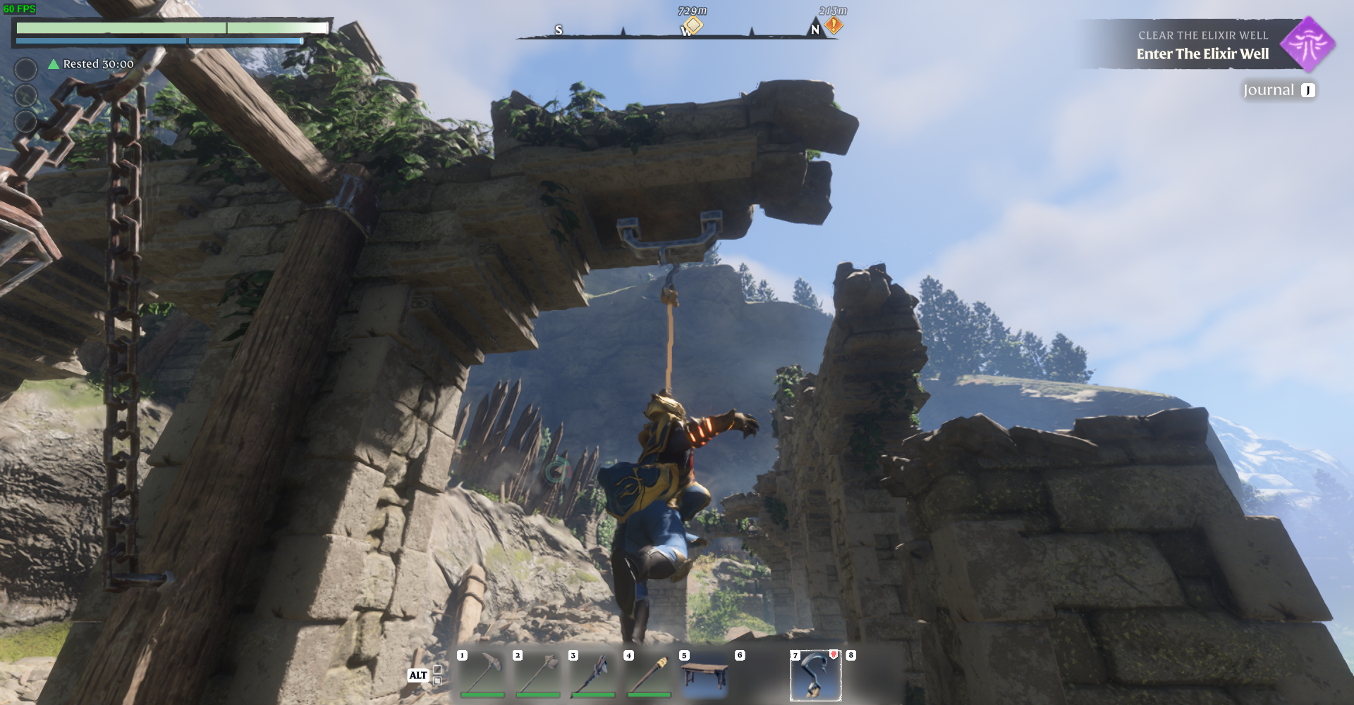 Press E to swing across gaps with ease.