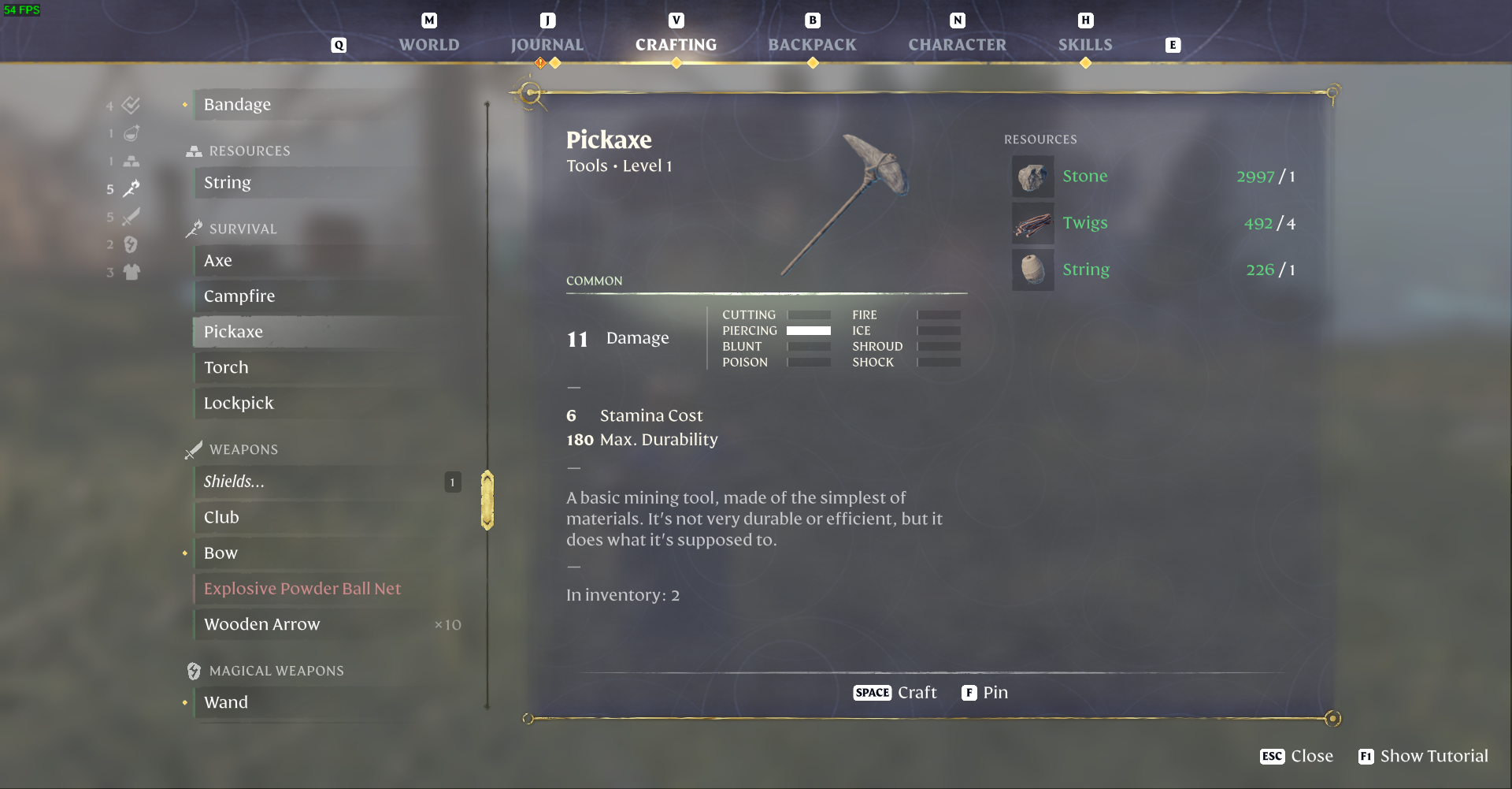 Press I and choose a Pickaxe to craft it.