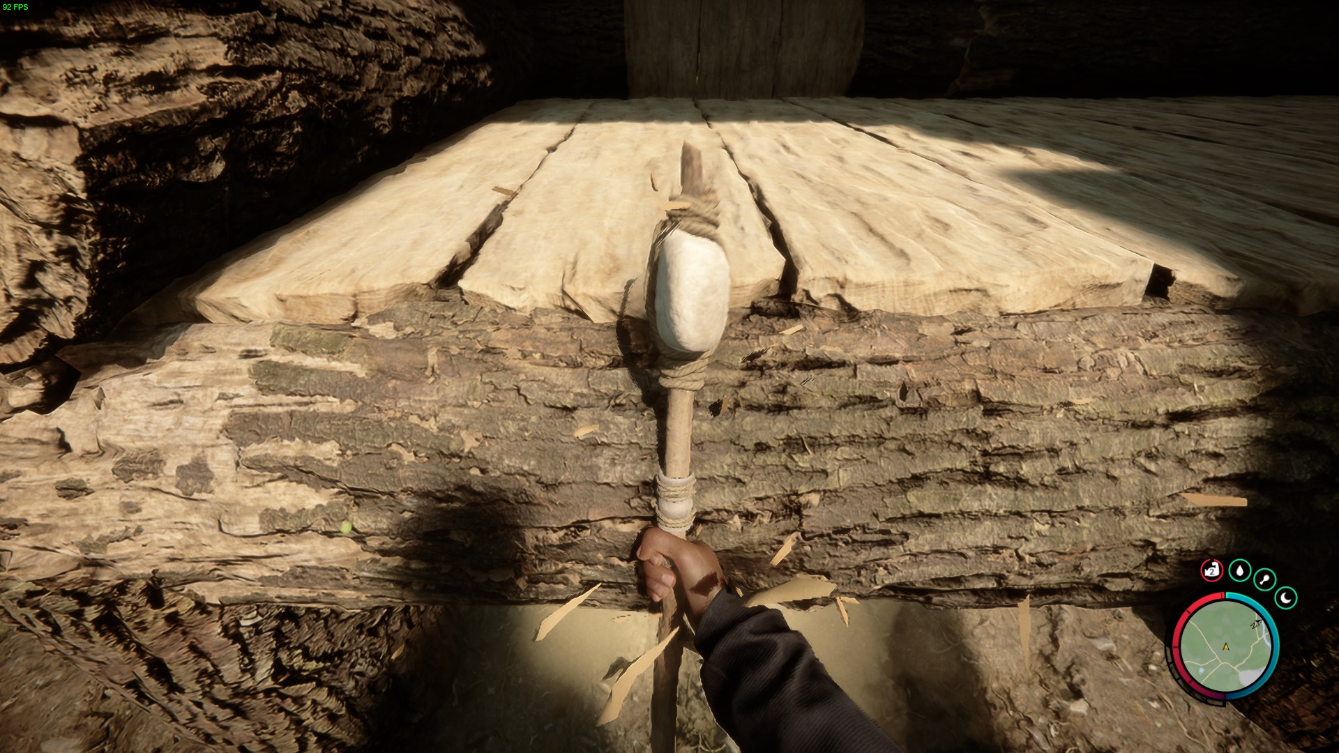 Approach the damaged item and left-click to start repairing it.