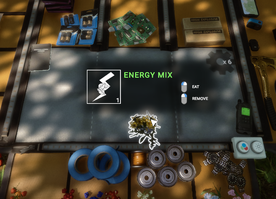 Combine ingredients in your inventory to create Energy Mix or Energy Mix+.