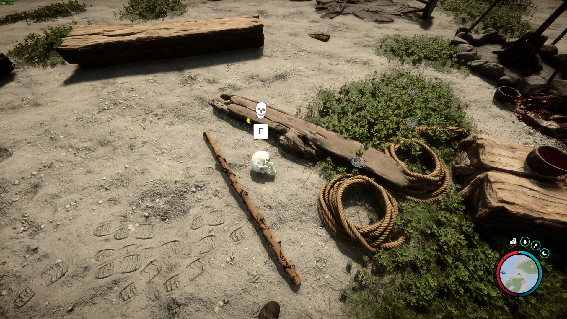 Find skulls, sticks, and rope in caves, camps, and cannibal sites.