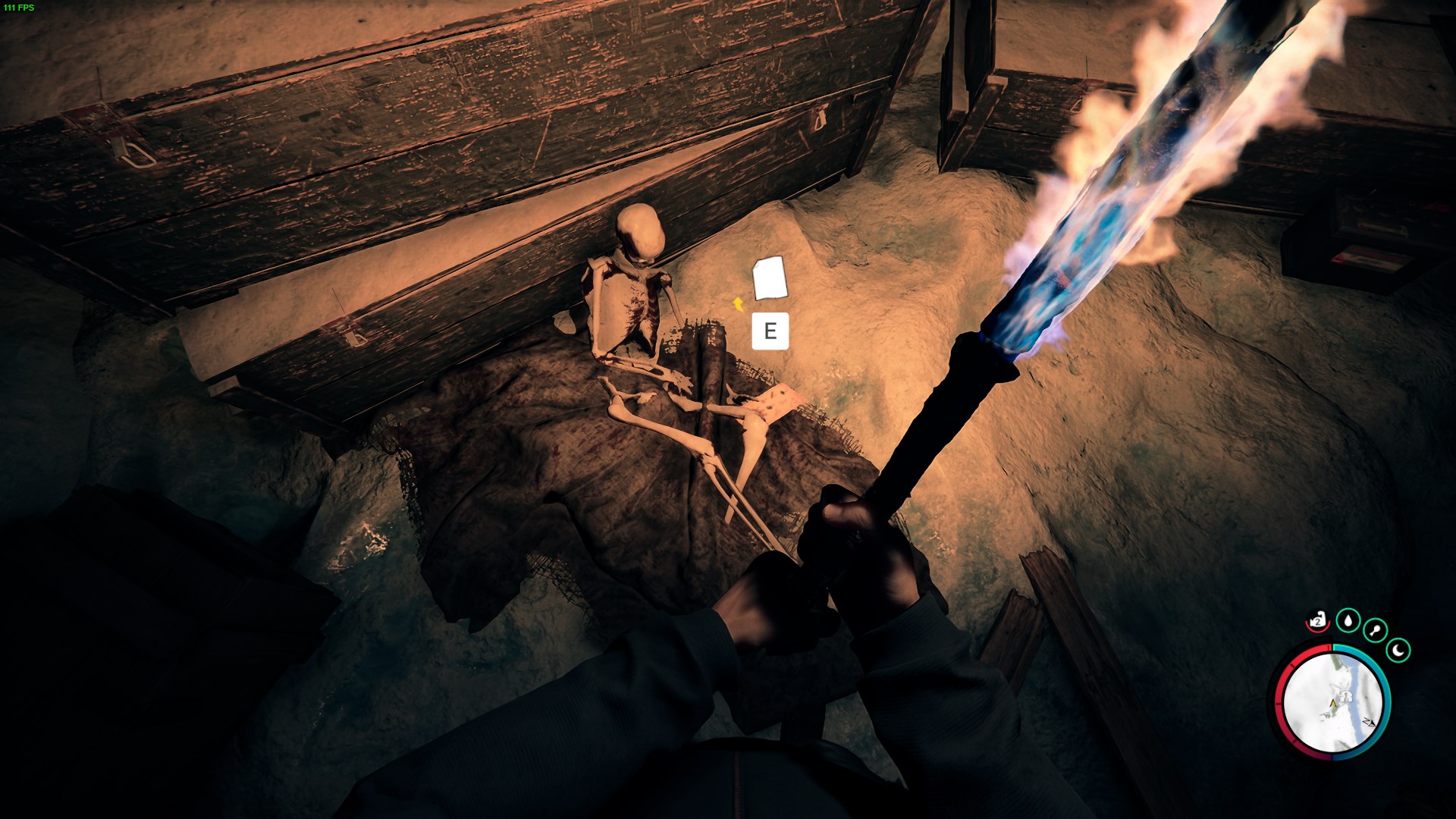 Navigate through the dark cavern to reach the blueprint.