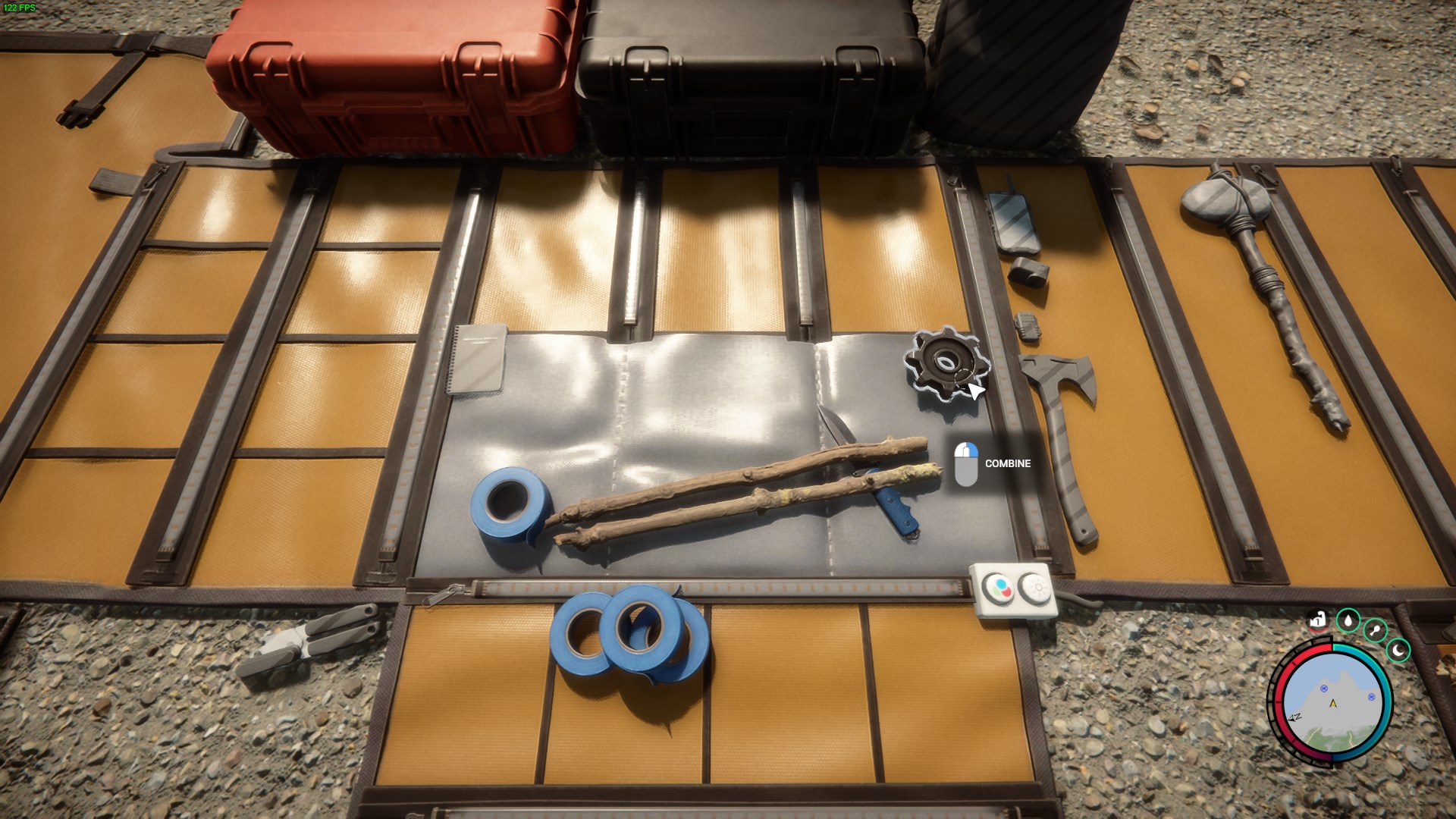 In the inventory, materials are combined on the crafting mat to create the spear.