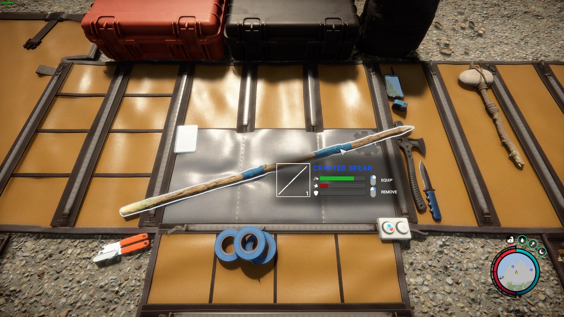 The creation of the crafted spear, ready for survival challenges.