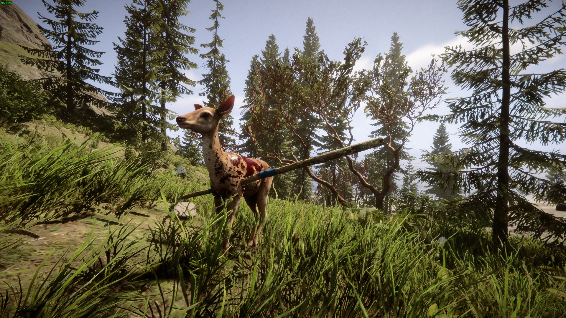 Holding the newly crafted spear, prepared for the threats of the wilderness.