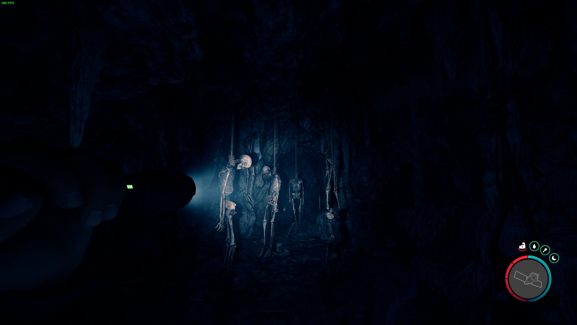 Navigating past skeletal reminders of the cave's mysteries. 