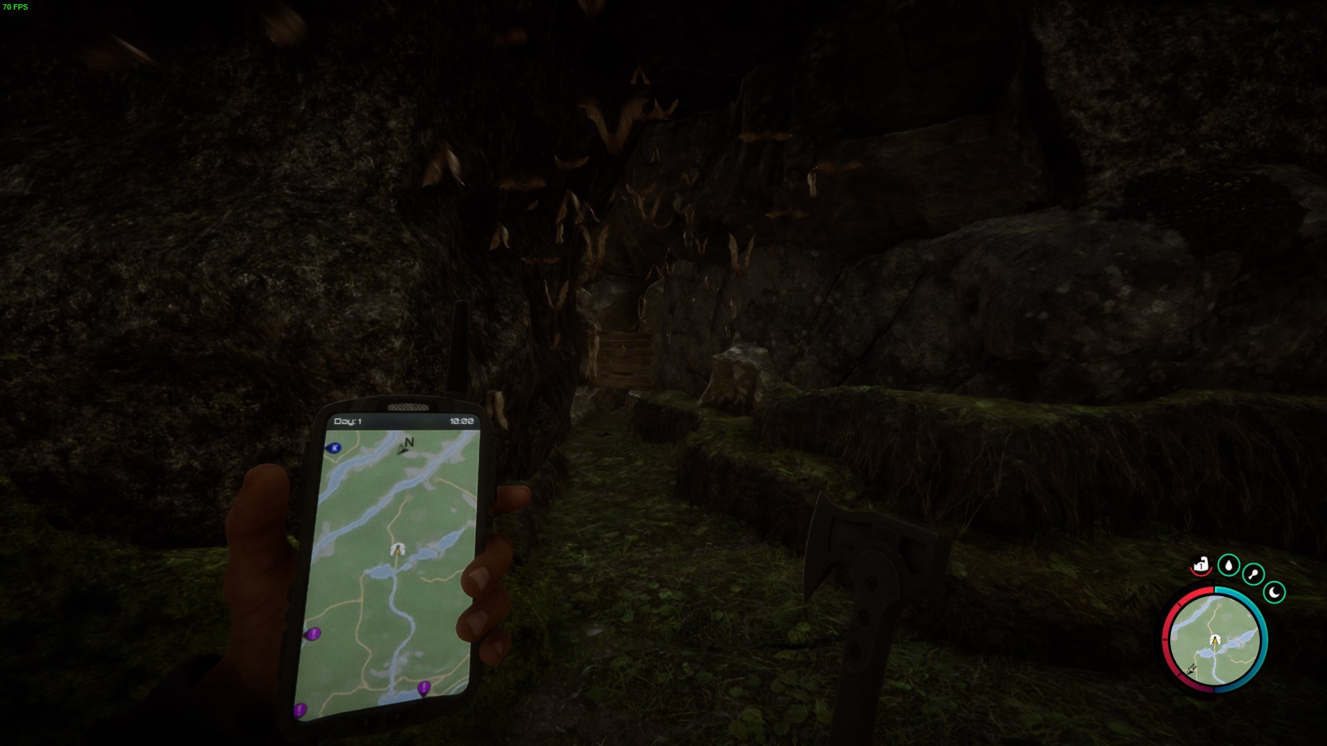 Navigate past the wooden barricade inside the cave.