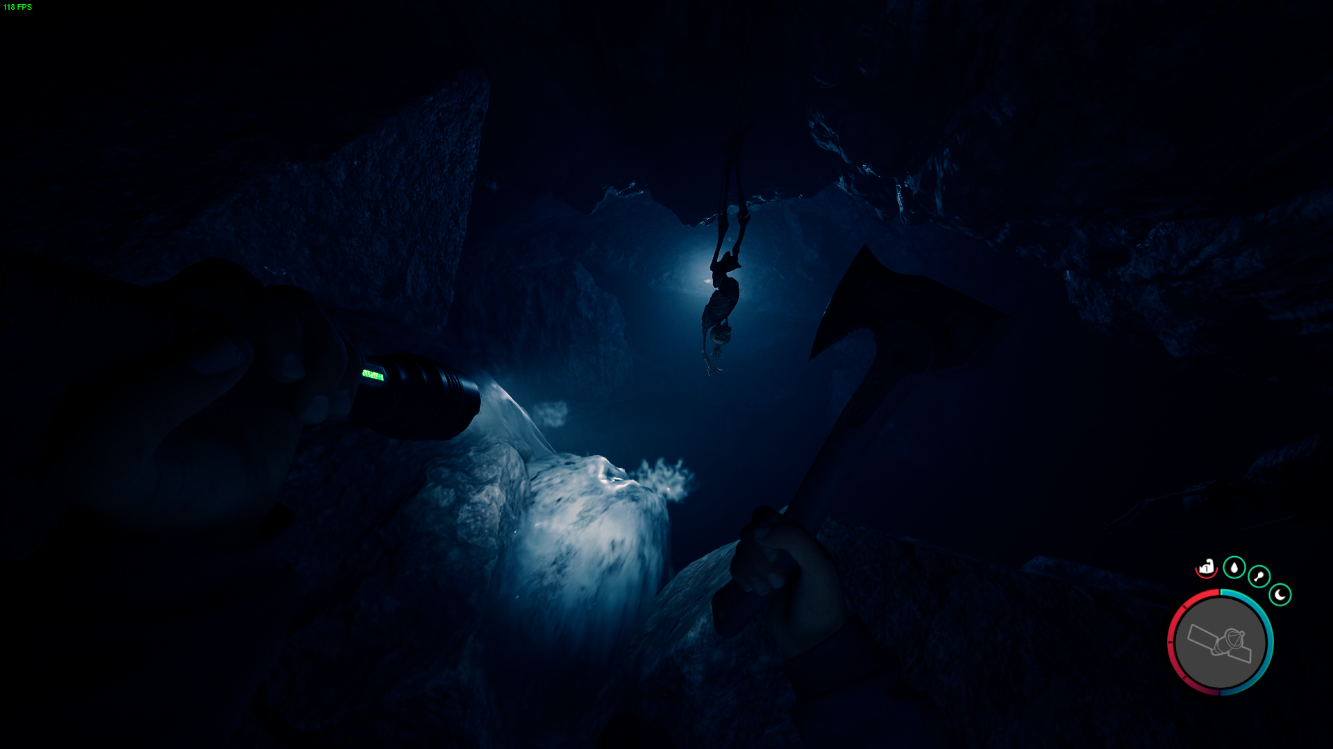 Descend down a rope into the water and equip your Rebreather.