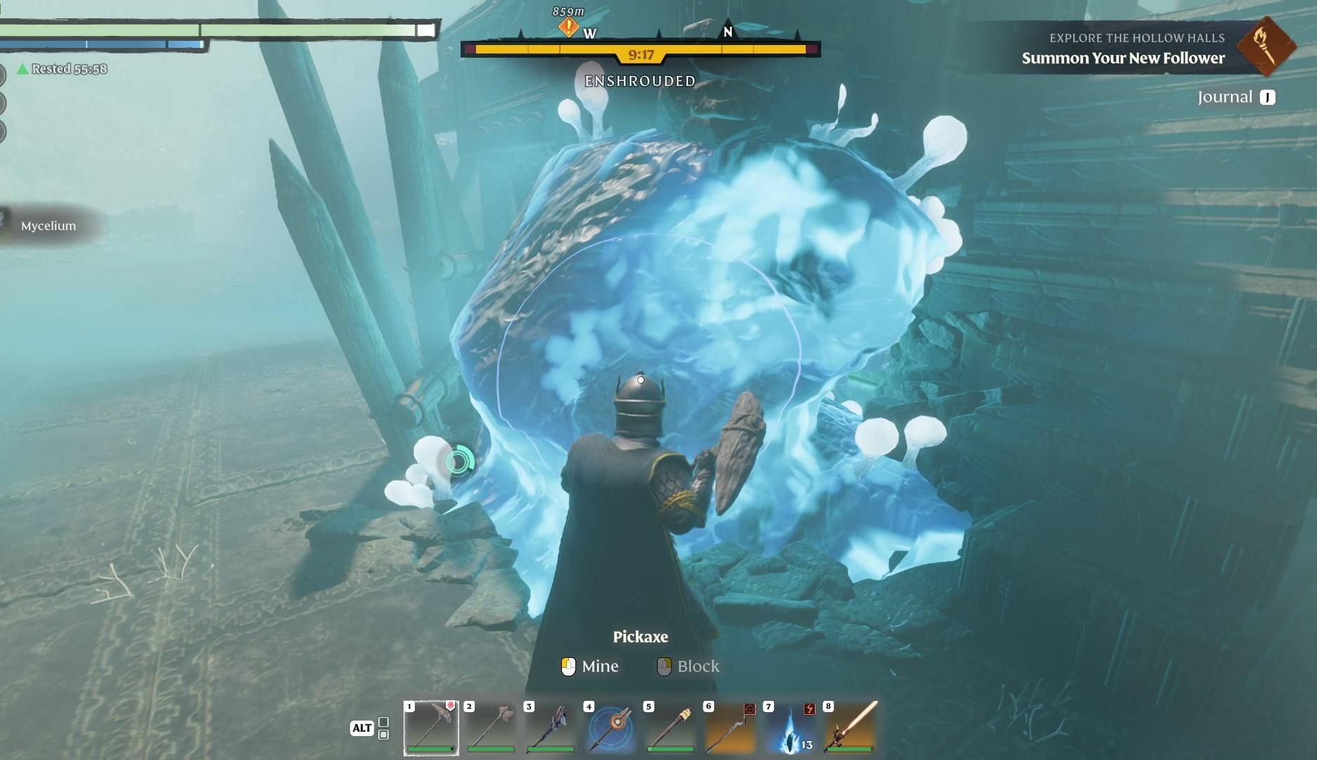 Equip your Pickaxe to get Mycelium in Enshrouded.