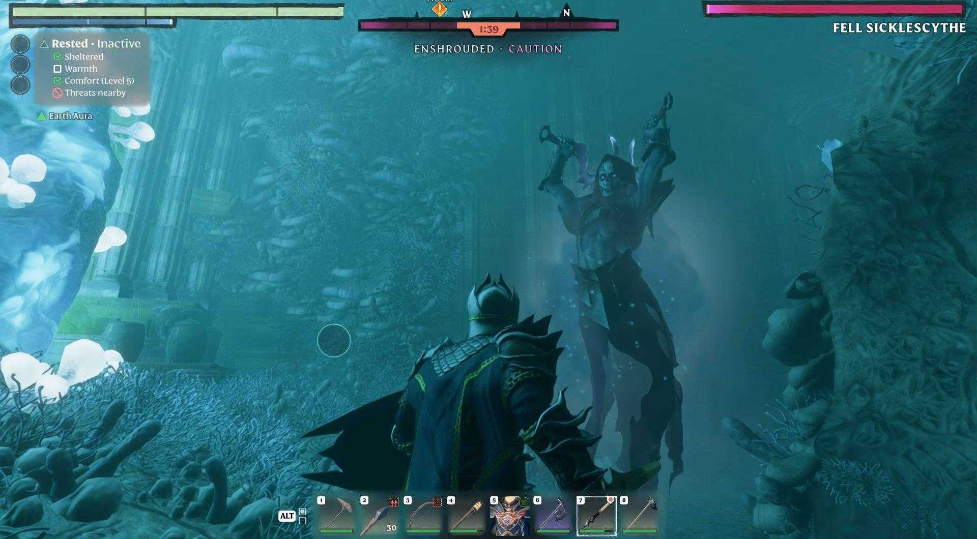 Approach the Fell Sicklescythe boss from range.