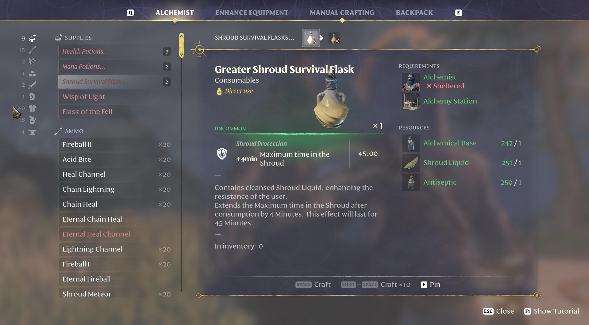 Craft Shroud Survival Flasks.