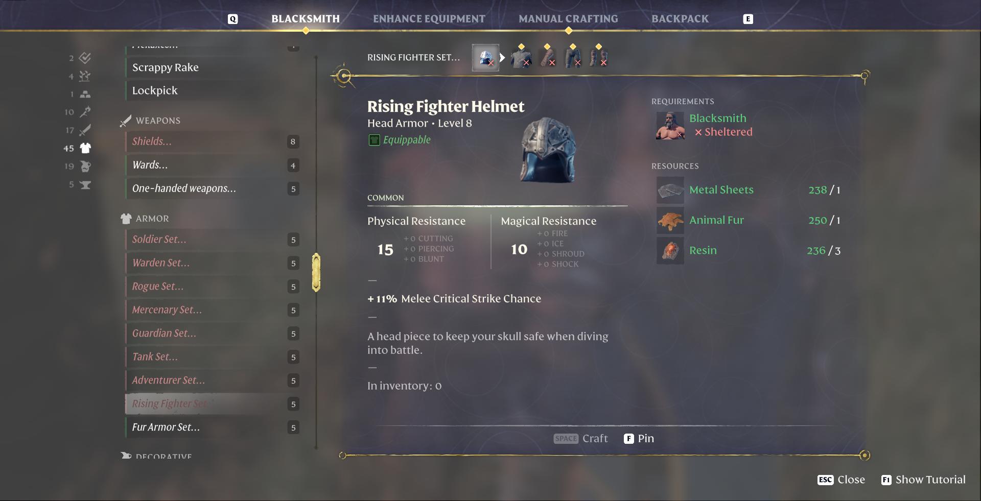 Craft strong armor sets like the Rising Fighter Armor set.