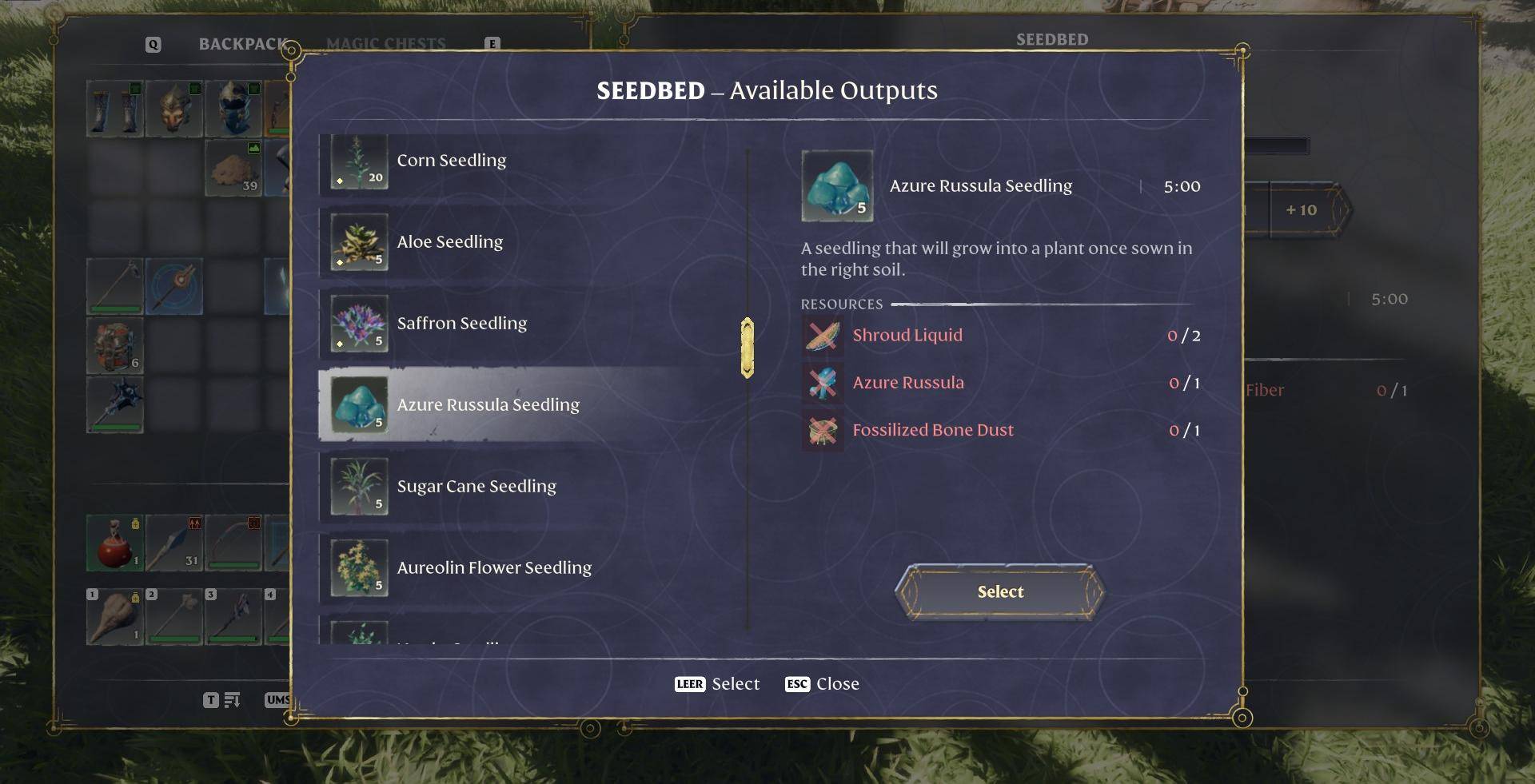 Gather seeds, Shroud Liquid, and Fossilized Bone Dust.