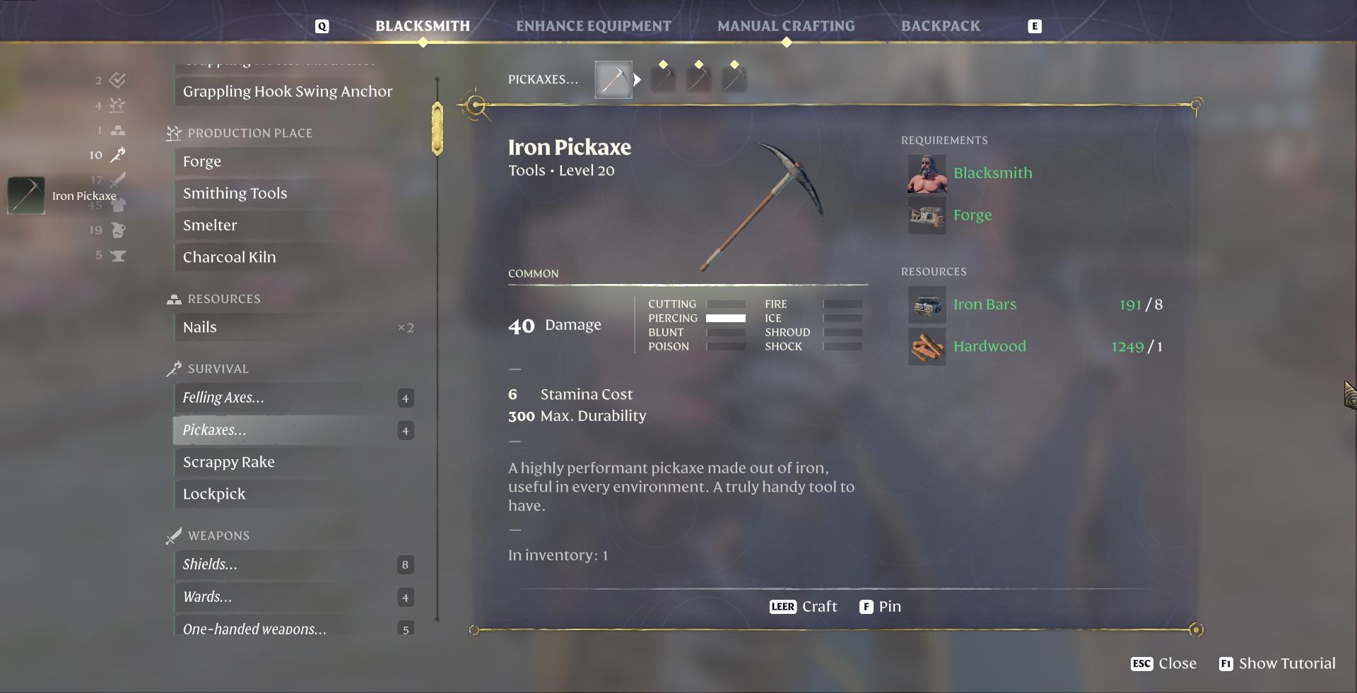 Craft the Iron Axe and Pickaxe for faster resource gathering.