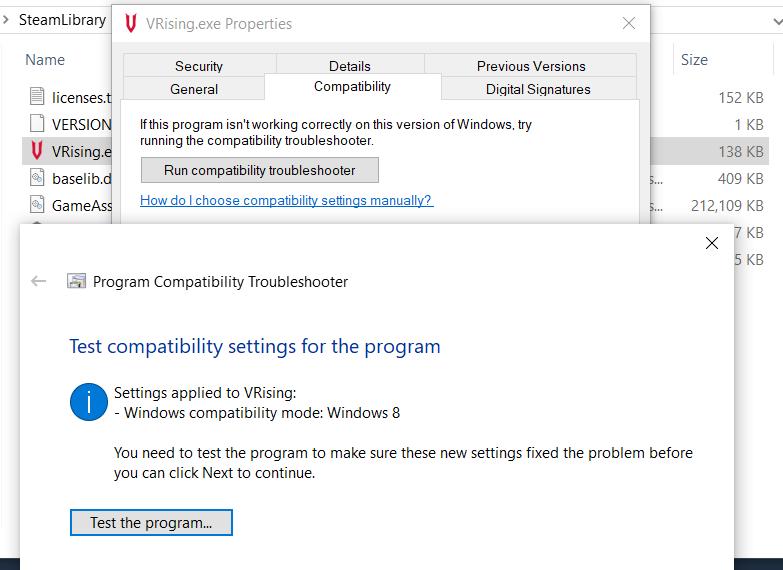 Run compatibility troubleshooter for V Rising’s executable file.