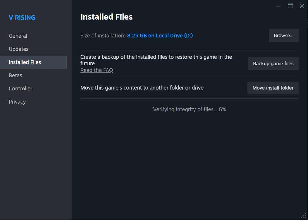 Verify game files to fix corrupted data in V Rising.