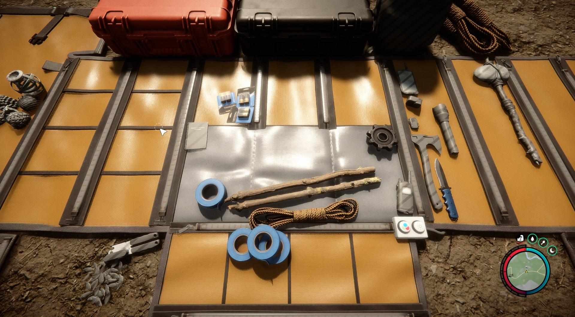 Find duct tape in containers, crates, and at the crash site.