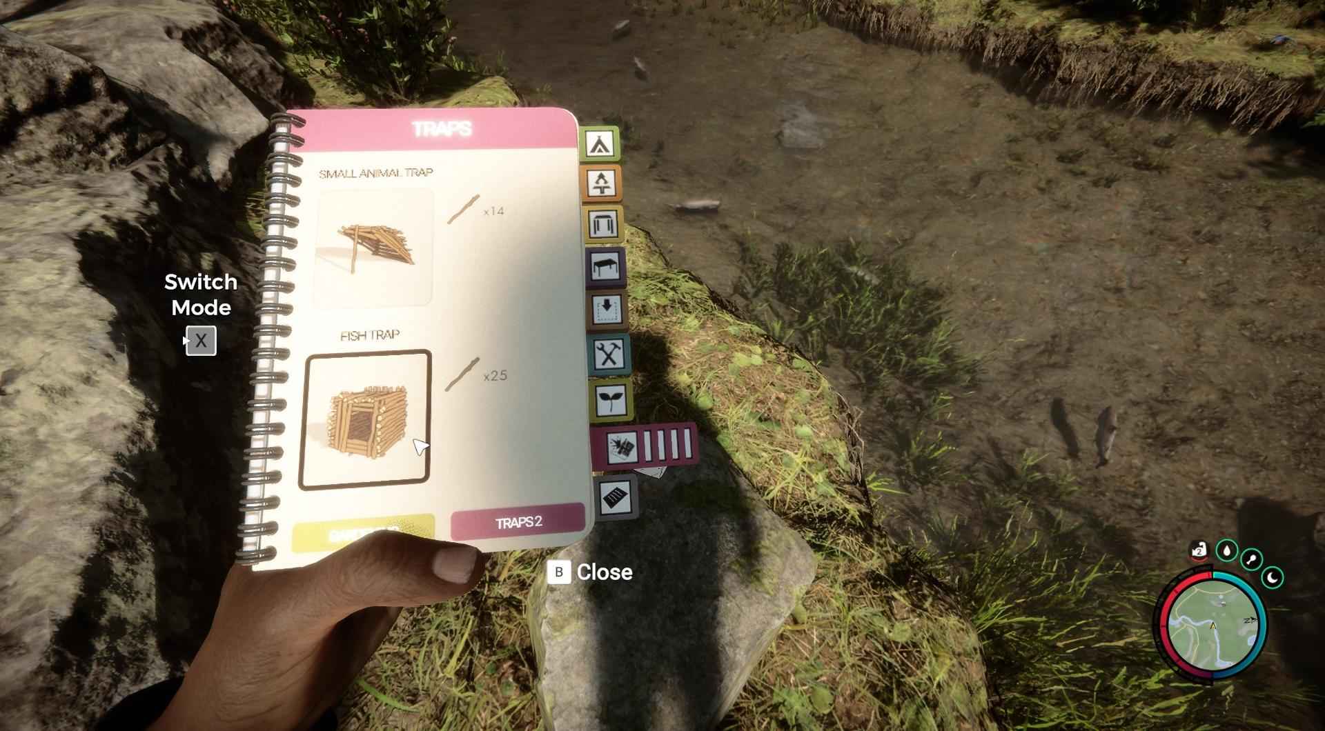 Crafting a fish trap in the serene waters of Sons of the Forest.