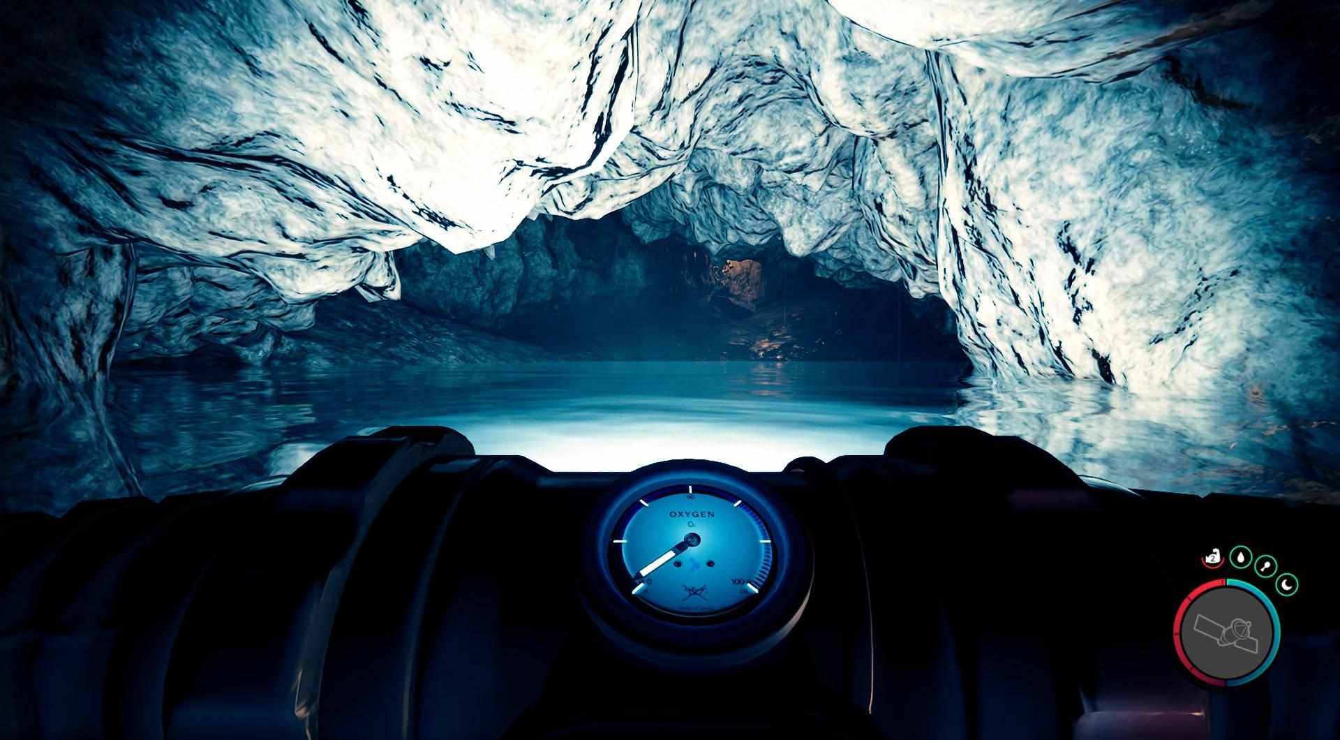 Dive into the underground lake and swim towards your destination.