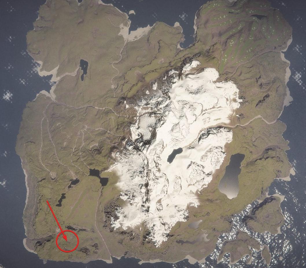Discover the abandoned camp southwest of the island.