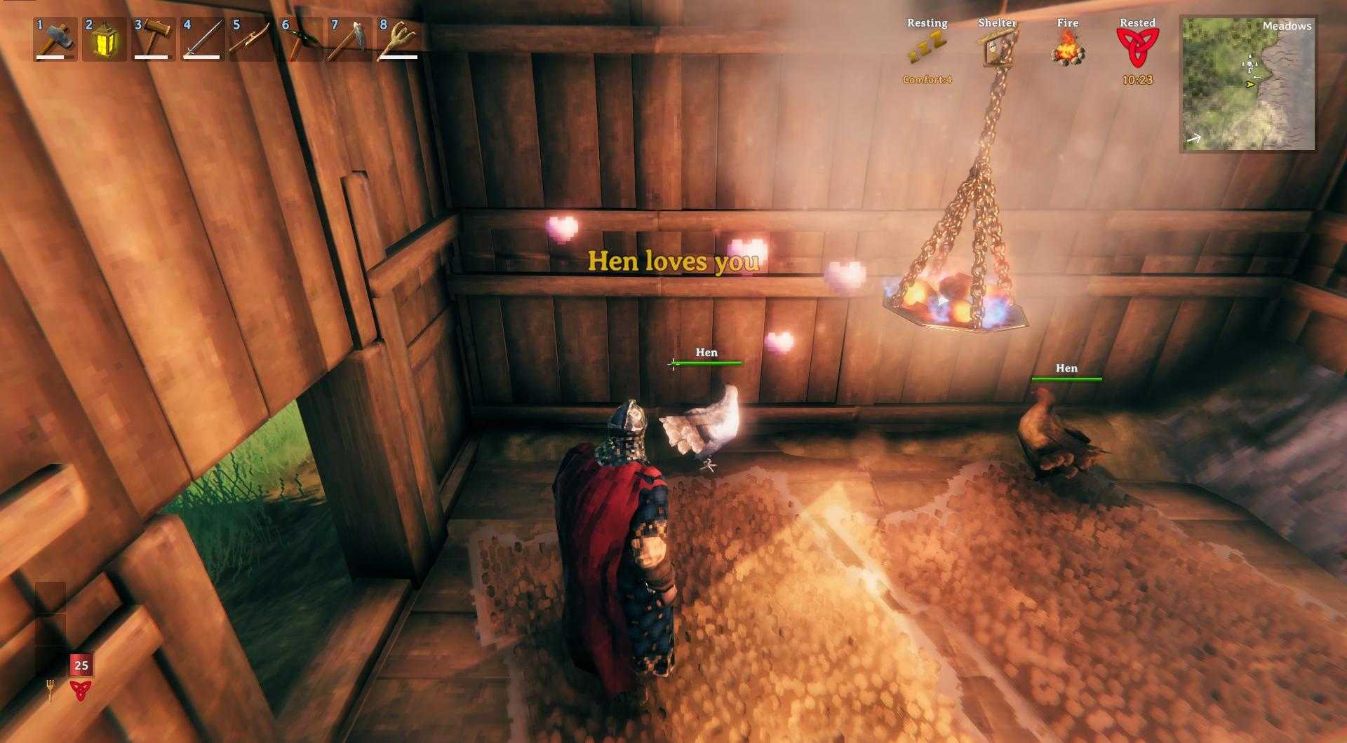 Wähle eine ausgewachsene Henne aus und ernte Federn aus ihrem Kadaver für die Herstellung in Valheim.