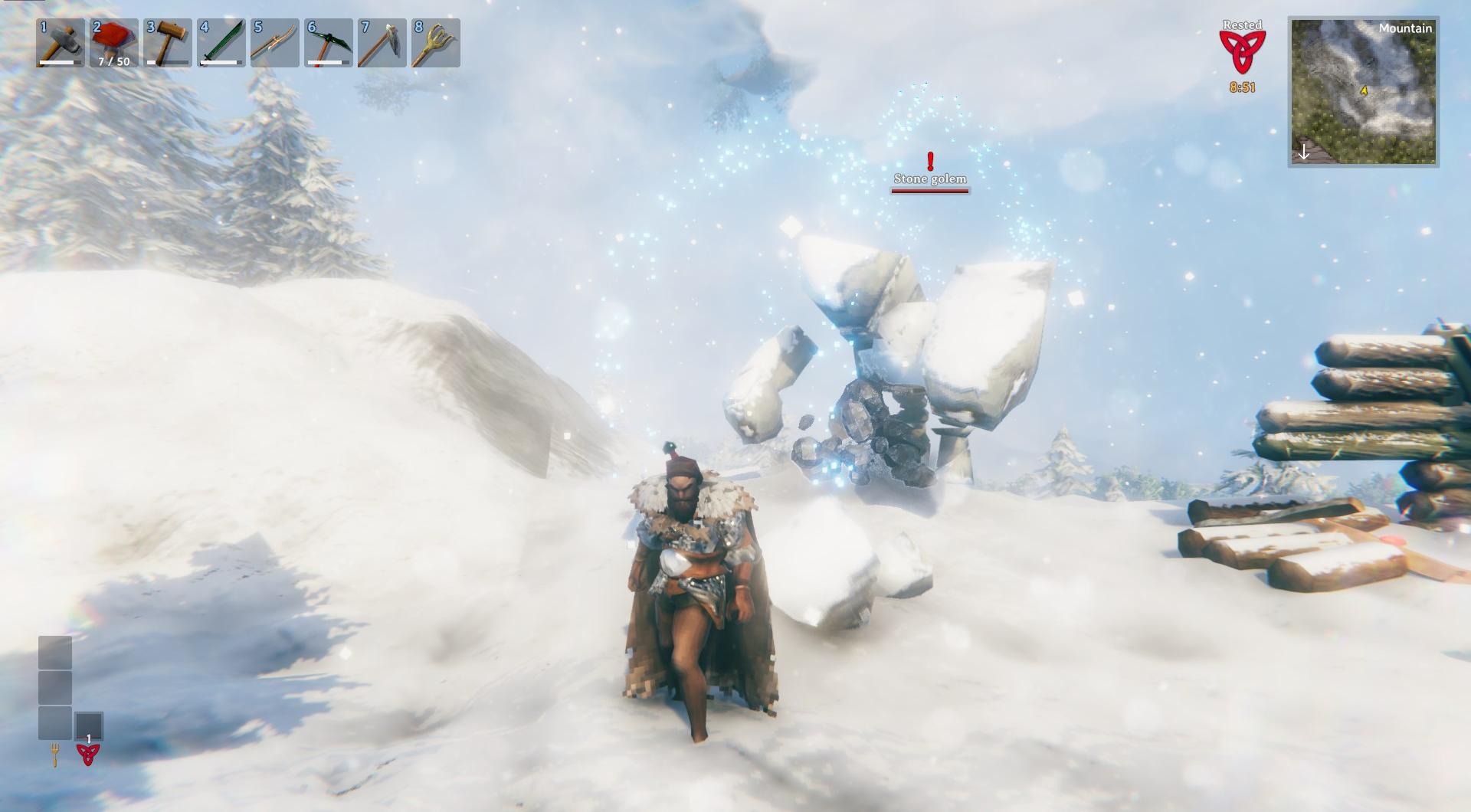 Fordere dich selbst heraus, um Steingolems in der harschen Wildnis von Valheim zu besiegen.