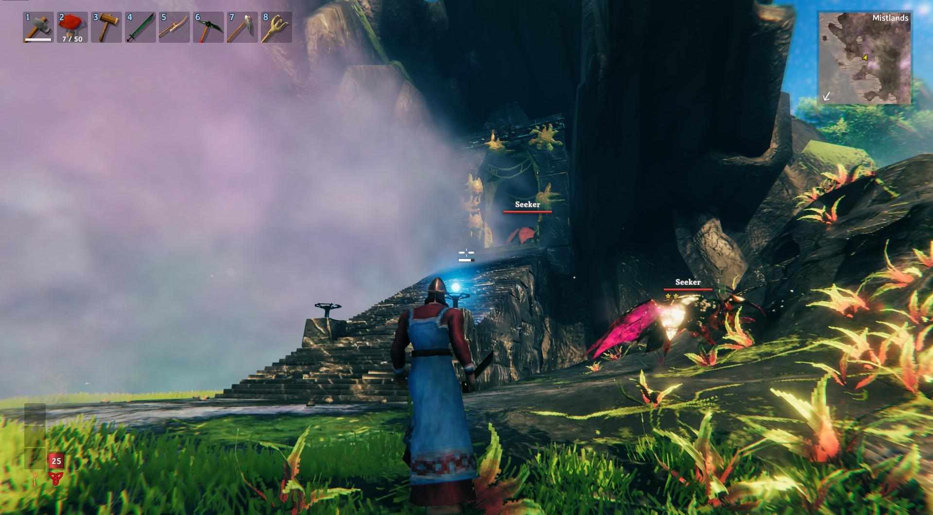 Weiche Sucherangriffen aus, während du dich zum Eingang der verseuchten Mine in Valheim machst.