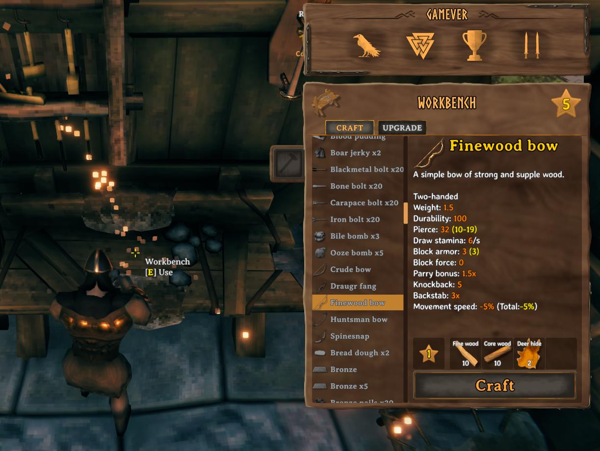 Sammle Ressourcen, um den Feinholzbogen für verbesserte Leistung in Valheim herzustellen.