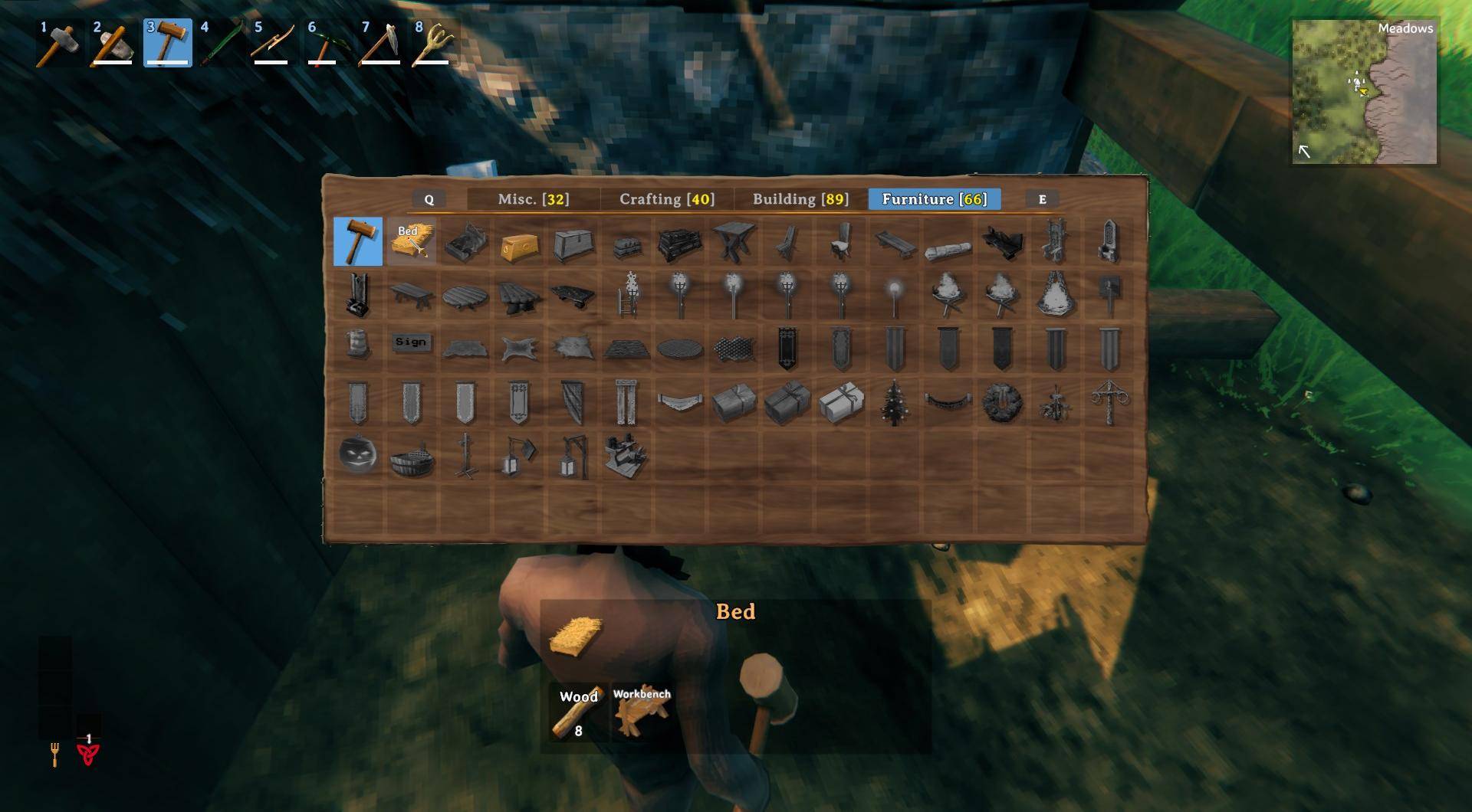 Stelle ein Bett in Valheim mit einer Werkbank und Holz her.