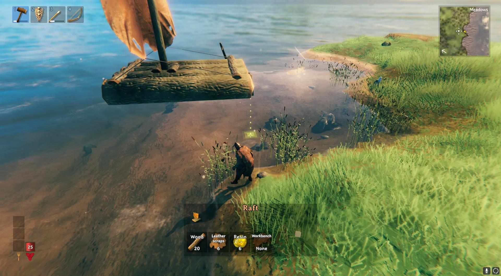 Setze das Floß ins Wasser.