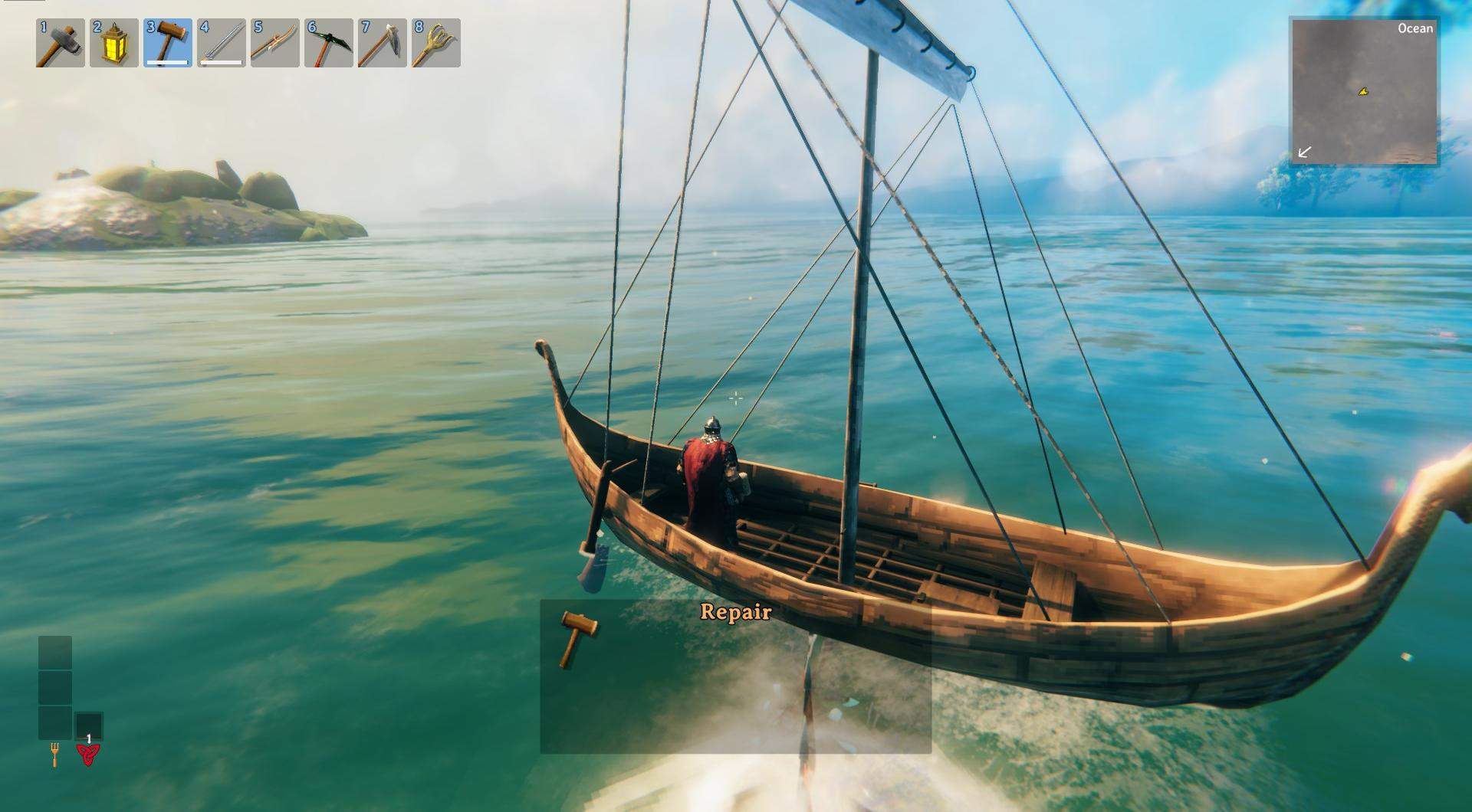 Repariere dein Boot mit deinem Hammer, um in Valheim über Wasser zu bleiben.
