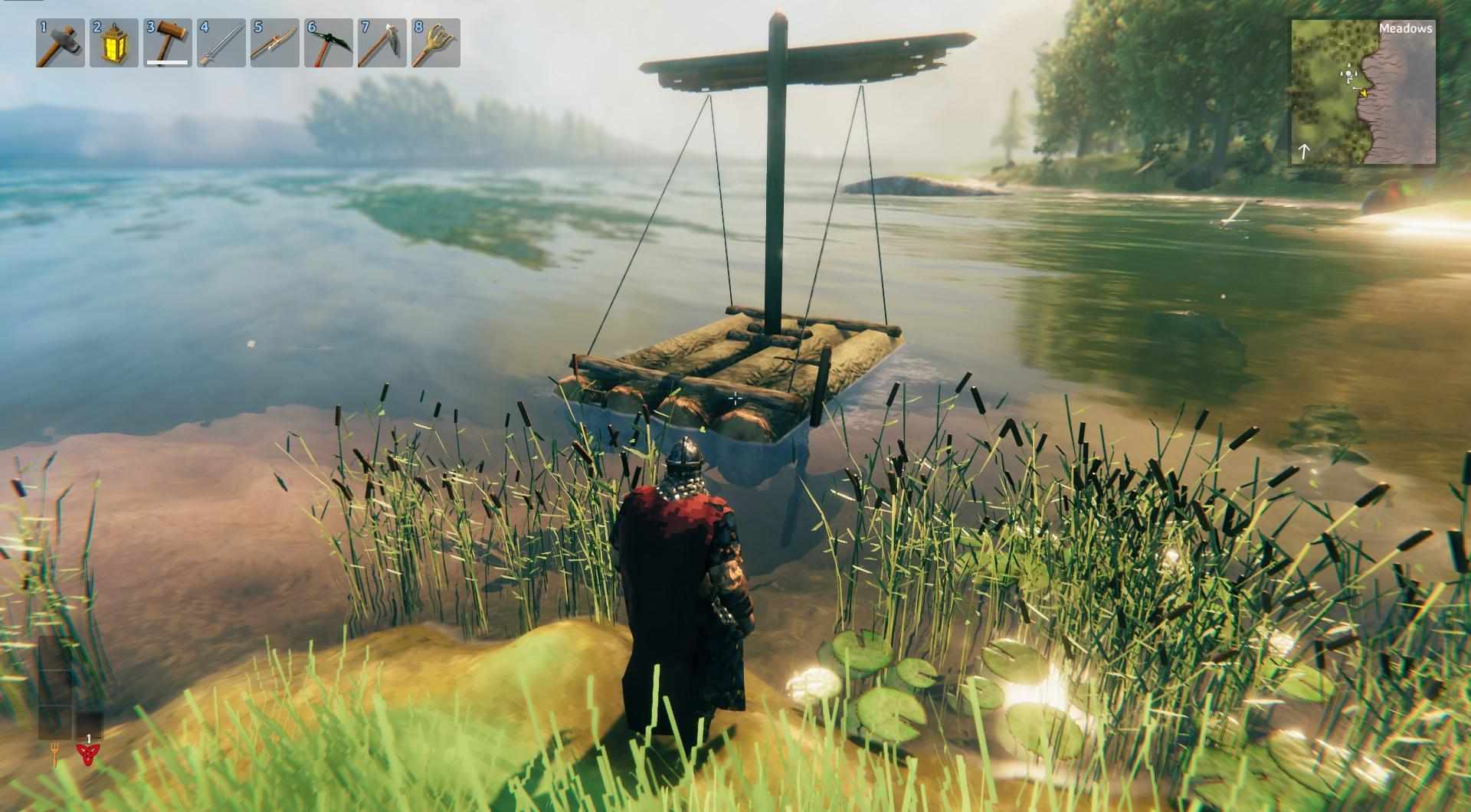 Erkunde die Küste mit deinem treuen Floß in Valheim.