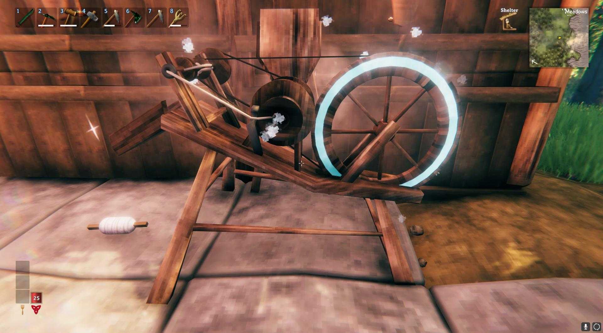 Das Spinnrad ist in Betrieb und erzeugt feines Leinengarn.